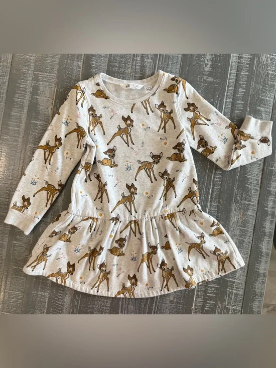 H&M Beige and Brown Bambi Print Long Sleeve Dress