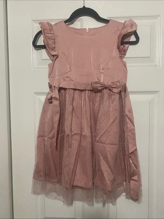 Girls Pink Bow Satin & Tulle Party Dress