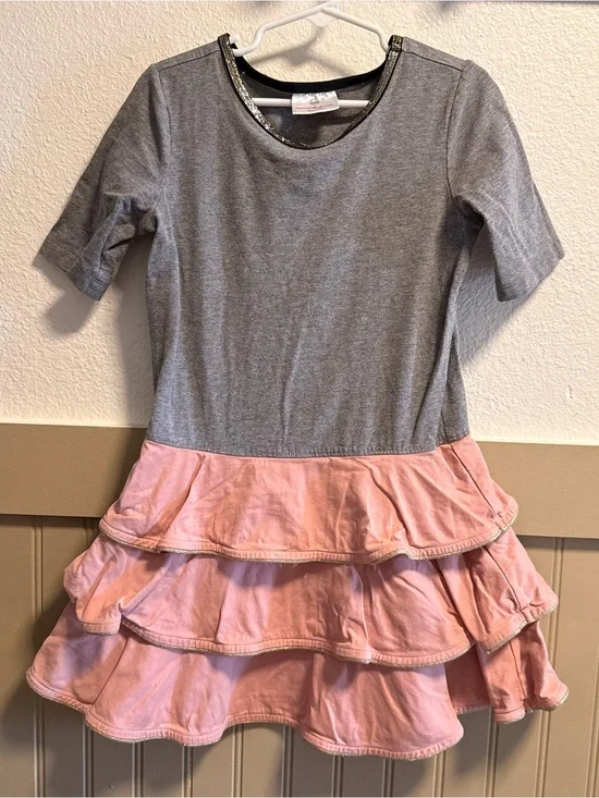 Hanna Anderson Gray and Pink Ruffle Hem Girls Dress