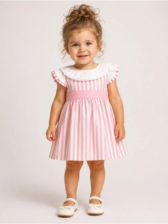 Babidu  Striped Pink Ruffle-Collar Girls' Formal Dress