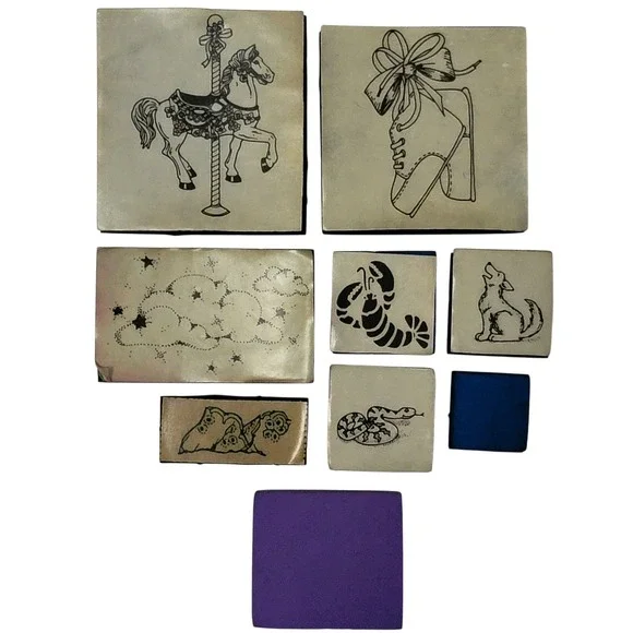 VTG Foam Rubber Stamp Lot 9 Pc Carousel Horse Wolf Lobster‎ Snake Clouds Turtle