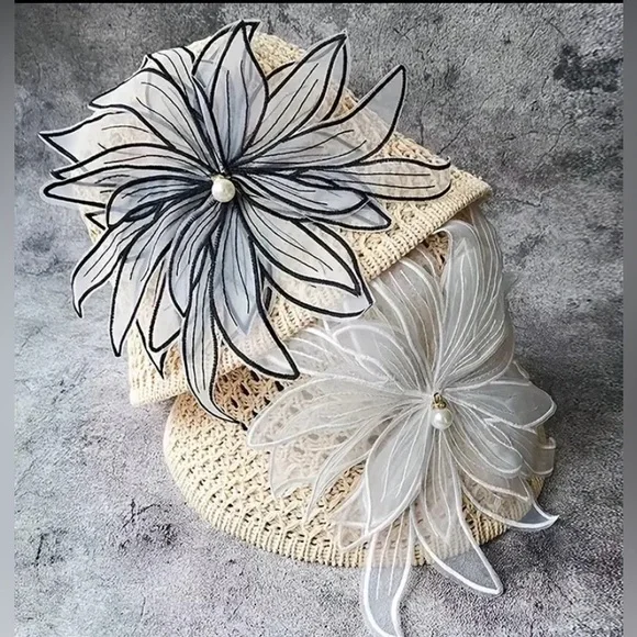 White & Black Embroidered Sew-On Appliqué Flower, Clothing Embellishment, New