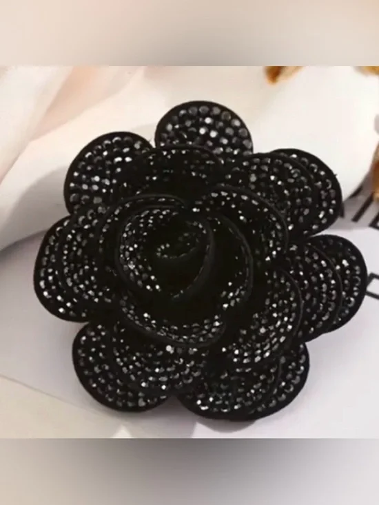 Black Rose Appliqué Clear Rhinestones, Pin, Accessory, Trim, 2.55” Sew-On