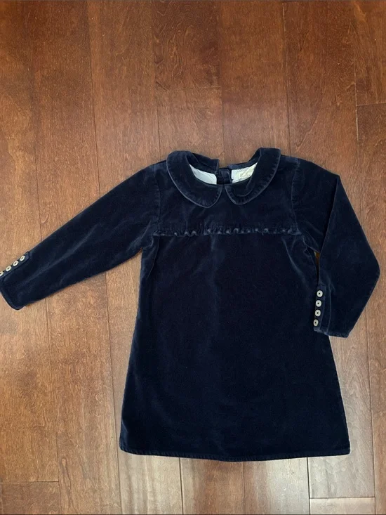 Olive Juice Girls Navy Velvet Long-Sleeve Peter Pan Collar Dress, Size 5
