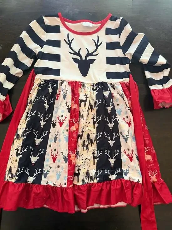 Girls Christmas Reindeer Panel Long Sleeve Twirl Dress (5)