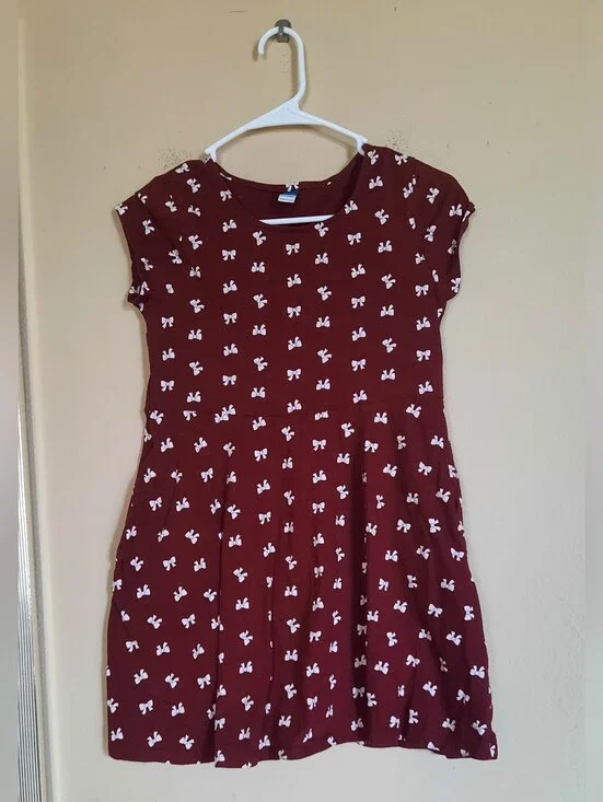 Old Navy Girls Maroon Short Sleeve Dress with White Bow Print