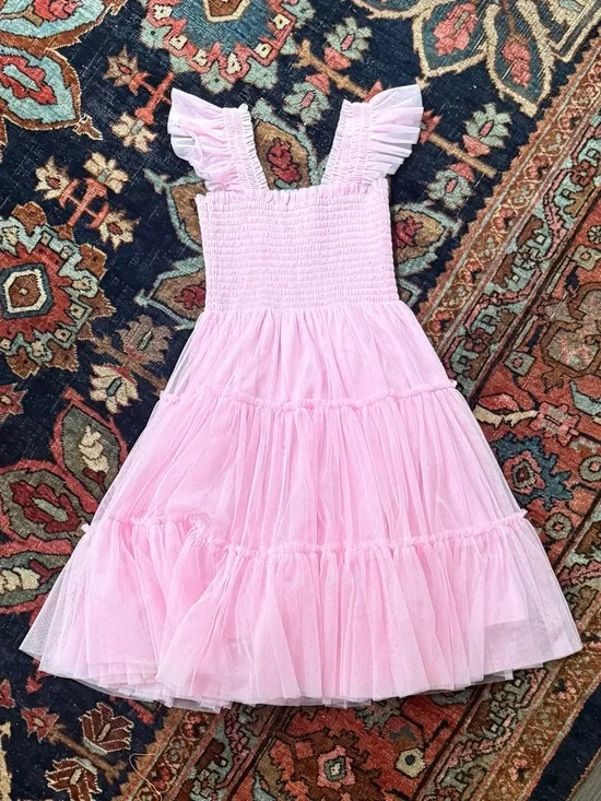 Hill House Home Girls' Pink Tiered Tulle Smocked Nap Dress with Ruffle Straps
