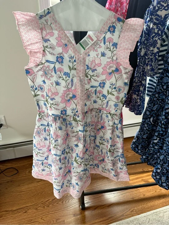 Vineyard Vines Girls Floral V-Neck Dress - Pink & Blue on White