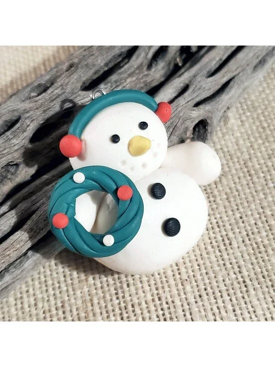 Handcrafted Fimo Clay Snowman and Wreath Christmas Pendant Ornament