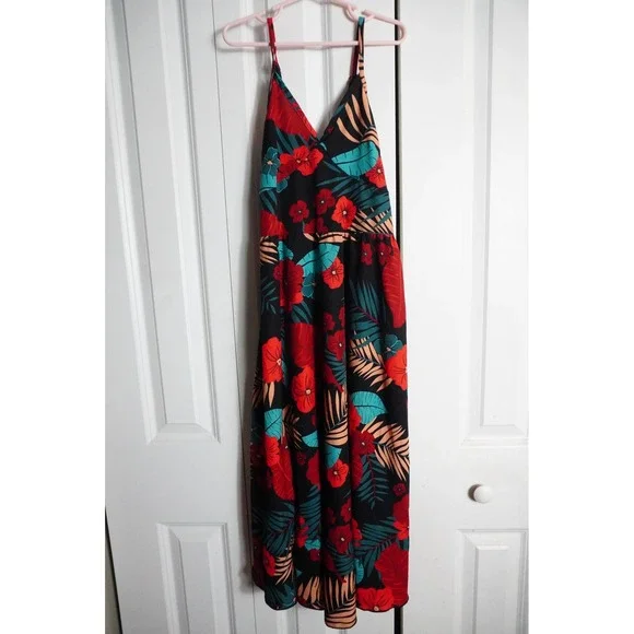 Tropical Maxi Dress 10-11Y Floral Hibiscus Print Black Red