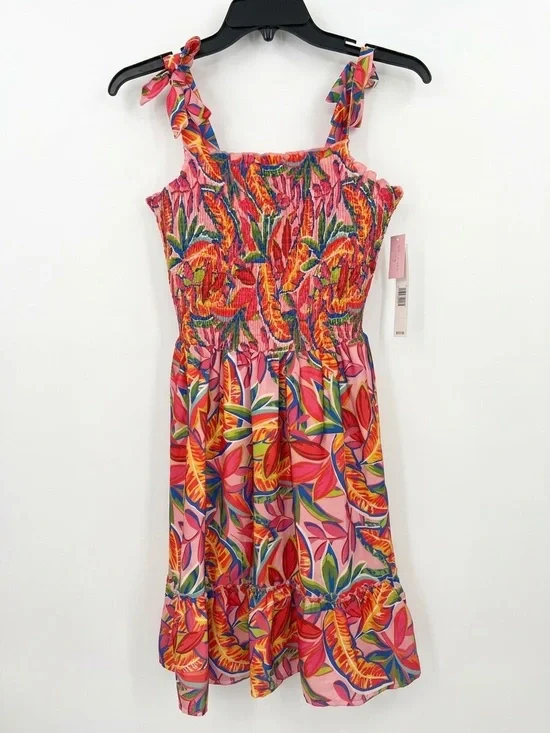 NWT Rare Editions Girls Tropical Floral Smocked Dress Coral Pink Size 16