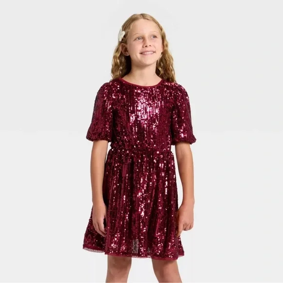 Cat & Jack Girls' Short Sleeve Sequin Dress - Dark Red, M (8)