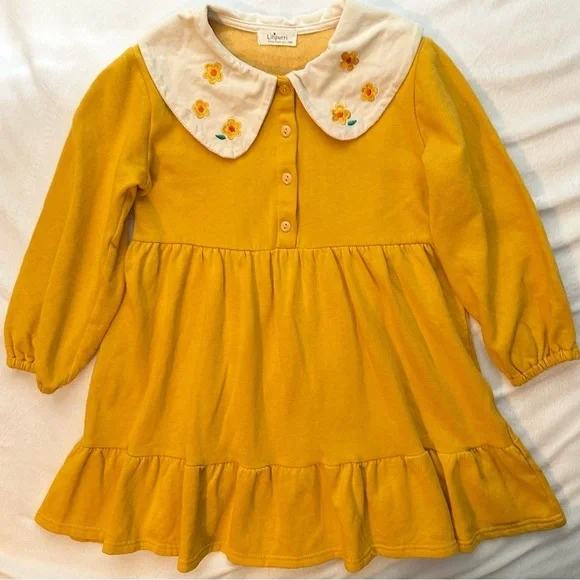 Boutique Lilipurri Babydoll Long Sleeve Dress 7-8 Girls Yellow Flower Collar