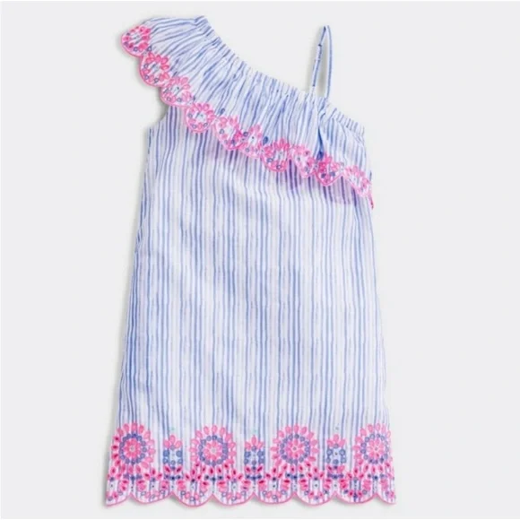 Vineyard Vines Striped One-Shoulder Dress with Pink Floral Trim