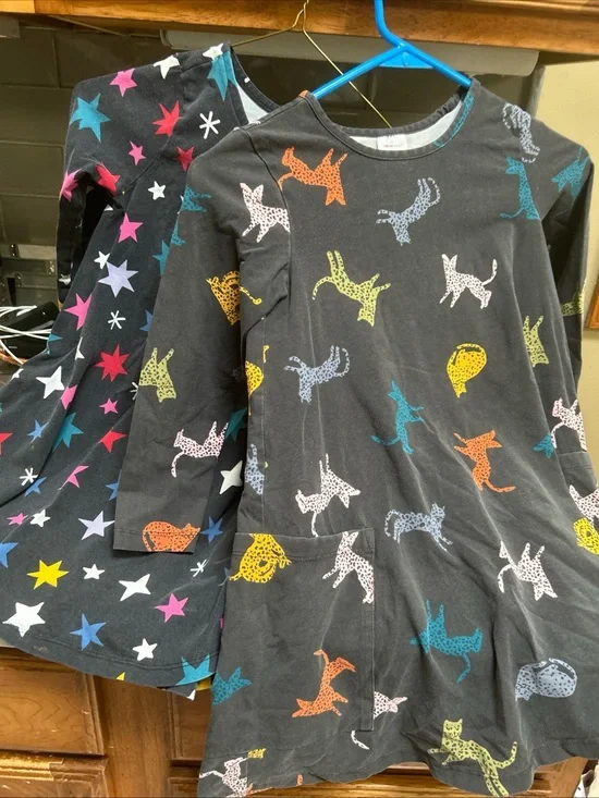 Hanna Andersson Girls Swing Dresses Skater Pocket  Bundle 2 Sz  6/7 Cats & Star
