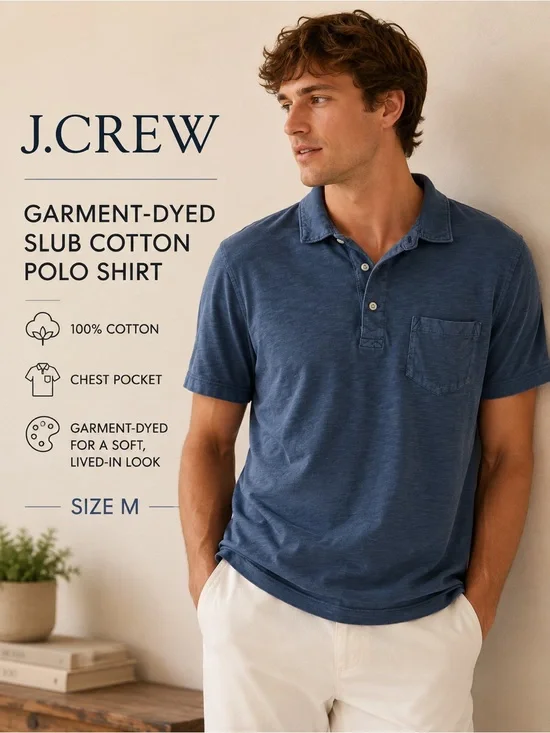 J.Crew Garment-Dyed Slub Cotton Pocket Polo Shirt Blue Size M