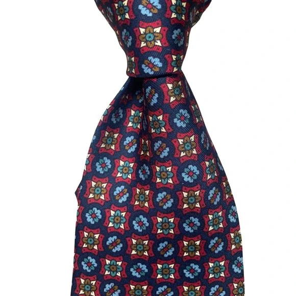 Vintage J. Crew Silk Tie Medallion Mens Blue Red Oarsma Geometric USA Academia