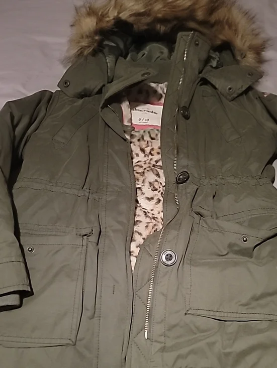 Abercrombie & Fitch Kids Olive Green Puffer Coat with Faux Fur Trim
