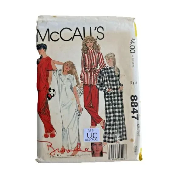 McCalls 8847 Sewing Pattern Brooke Shields Xmas Pajama Nightgown Robe Sz S 10/12