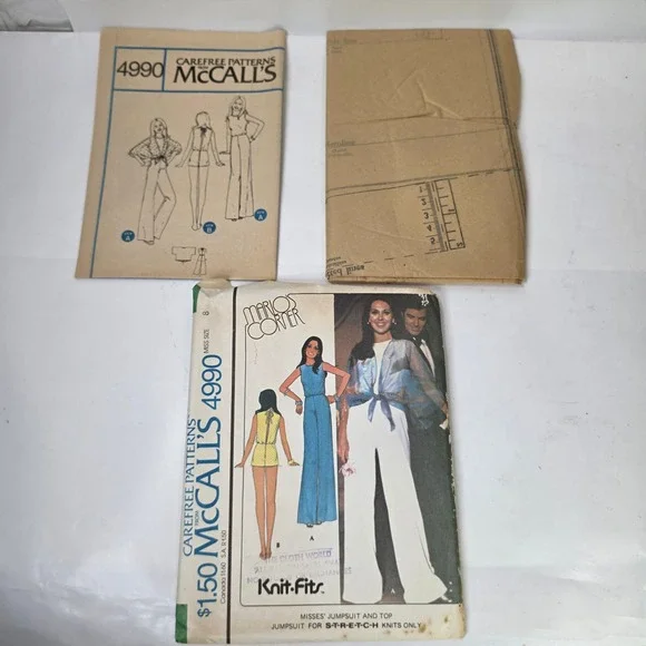 Vtg 1970s McCalls 4990 Jumpsuit Top Sewing Pattern Size 8 Retro Disco Knit