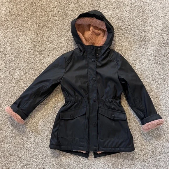 Urban Republic Black‎ Raincoat Pink Sherpa Lined Hooded Parka Jacket Girls 6X