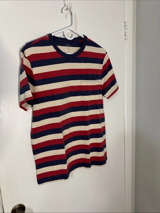 J. Crew Men’s Medium Slub Cotton Navy, Red & Cream Striped Short-Sleeve Tee NWT
