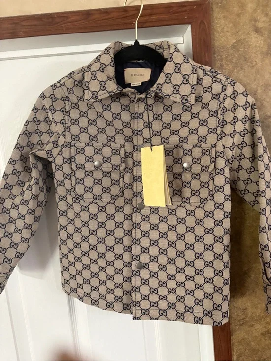 Gucci Beige and Navy GG Monogram Button-Front Shirt/Sweater