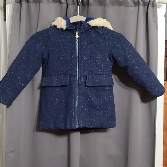 Osh Kosh B'Gosh Toddler Girls‎ Coat 1%Wool Blend Navy Sparkly Hooded Size 4 EUC