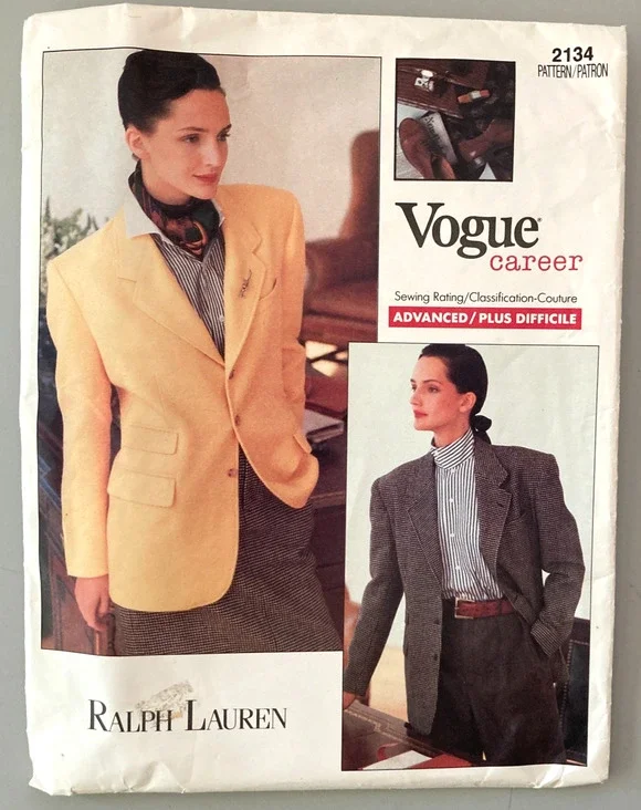 Vogue Career Ralph Lauren 2134 Jacket Menswear Style Misses Sz 6-8-10 Uncut 1988