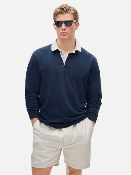 New S J.Crew rugby shirt with striped oxford collar Navy longsleve polo