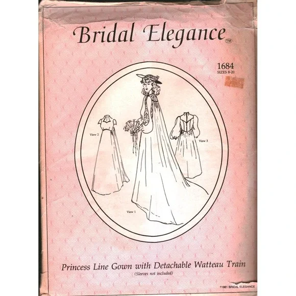 Bridal Elegance 1684 Vintage 1981 Princess Gown Watteau Train Sewing Pattern