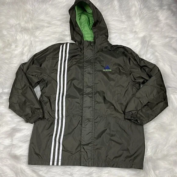 VINTAGE 1999 Adidas Windbreaker Jacket Boys Medium Olive Green 3 Stripe Full Zip