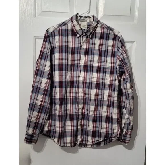 J.Crew Plaid Button Down Shirt Size Medium Long Sleeve Classic Fit Burgandy/Blue