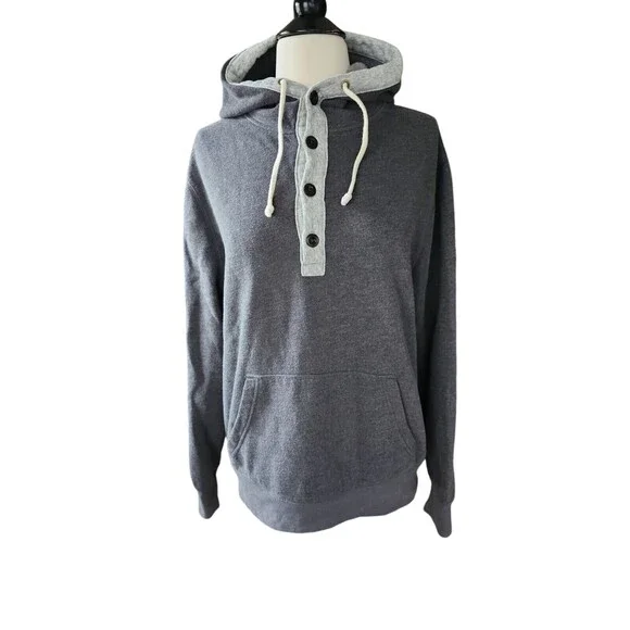 J. Crew Hoodie Mens Medium Authentic Fleece Gray Casual 4 Button Cotton Blend