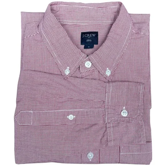 EUC‎ Men's J. CREW Mini Gingham Red/White Long Sleeve Shirt | Size M