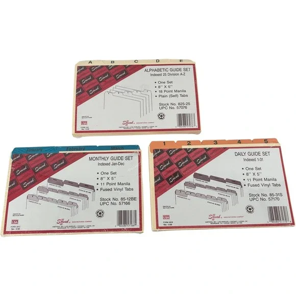 Smead 3 Pack - 8x5 Index Guide Set Alphabetic, Daily, Monthly NOS Manila