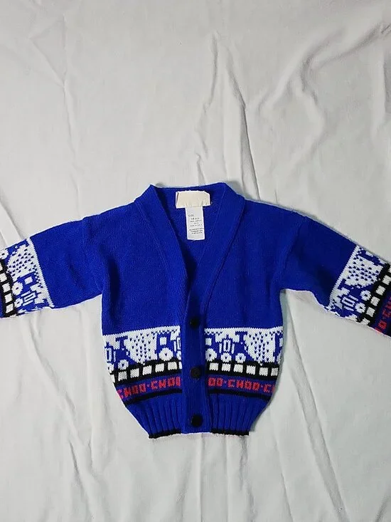 The Club House Choo Choo Train Baby Cardigan Sweater Royal Blue 18 Months Vtg