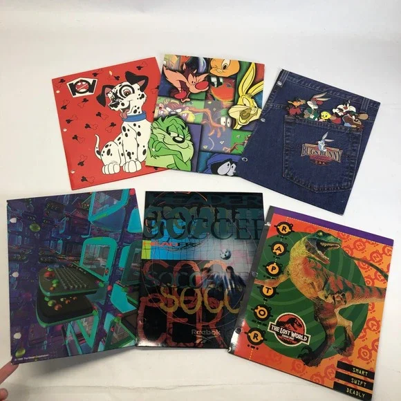 Vintage 90s Folders Lot of 6 Looney Tunes Dalmatian Jurassic Park Soccer‎