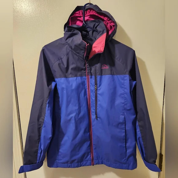 LL Bean Hooded Lined Windbreaker Jacket Blue/Pink Girl's Size L 14-16