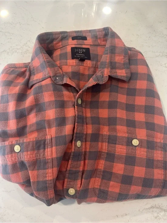 J. Crew Orange and Gray Plaid Flannel Button-Down Shirt