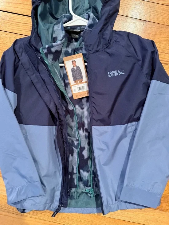 Eddie Bauer Navy and Light Blue Kids Hooded Raincoat with Fleece Liner