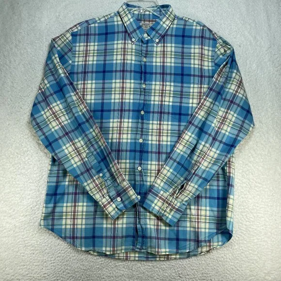 J Crew Shirt Mens Size XL Blue Summer Weight Plaid Cotton Button Down Collar