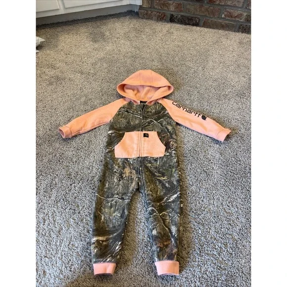 Carhartt Infant Toddler 18M Camo Pink One Piece Suit Overall Hood Bottomland