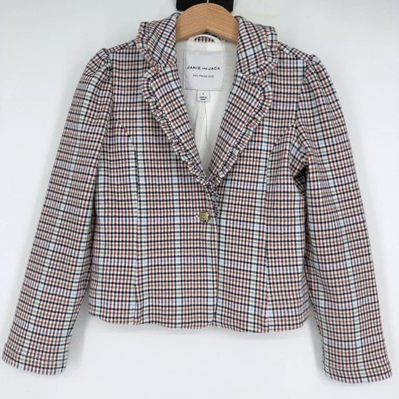 Janie and Jack Girl's Plaid Blazer Ruffled Collar‎ Sz 5 Equestrian