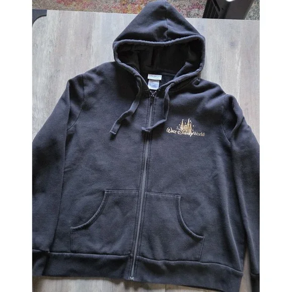 Walt Disney World Black W/ Gold Castle Full Zip Hooded Sweatshirt Sz 2XL