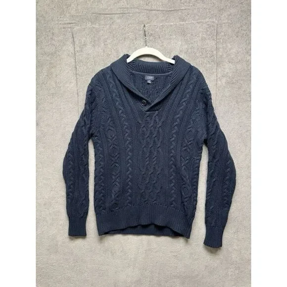 J Crew Sweater Mens XS Blue Cable Knit‎ Shawl Collar Cotton Pullover Fisherman