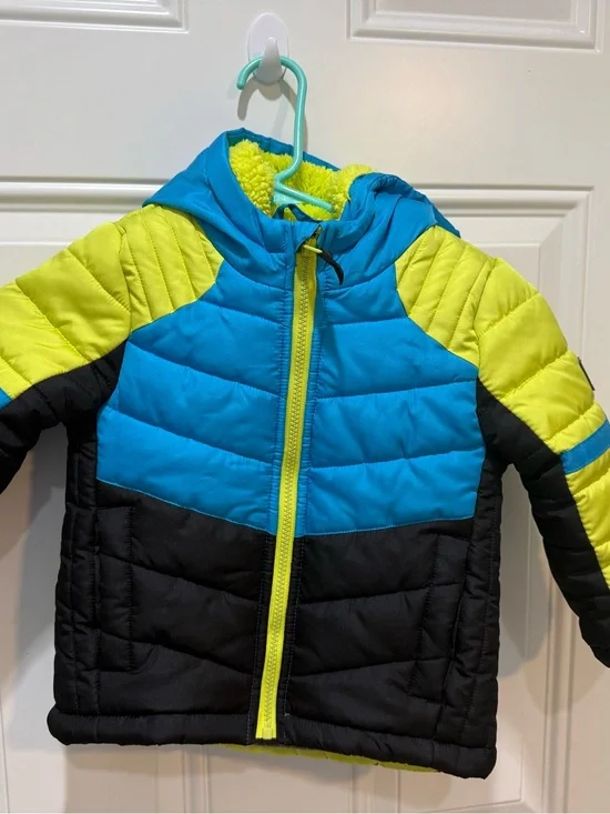 London Fog Kids Blue, Neon Yellow & Black Colorblock Hooded Puffer