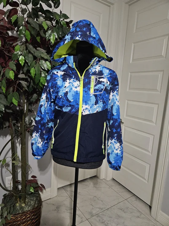 Kids Blue Camo Rain Jacket with Neon Accent Hood