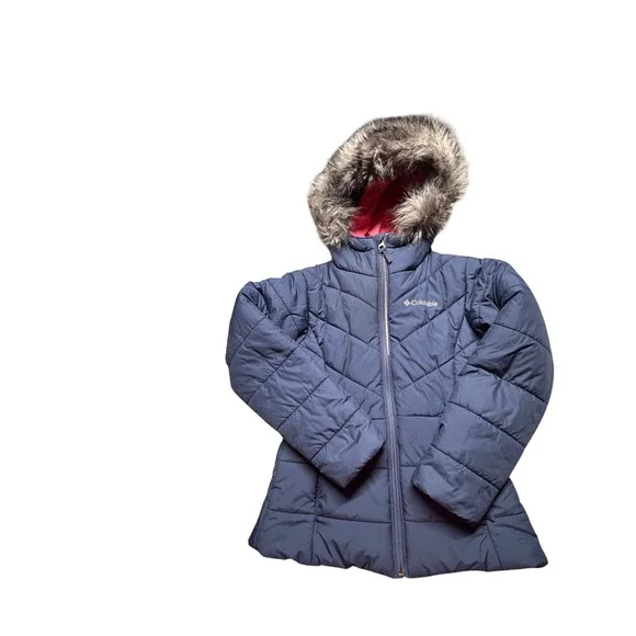 Columbia Girls Winter Coat Navy Pink‎ Faux Fur Hood Quilted Puffer Jacket WG5007