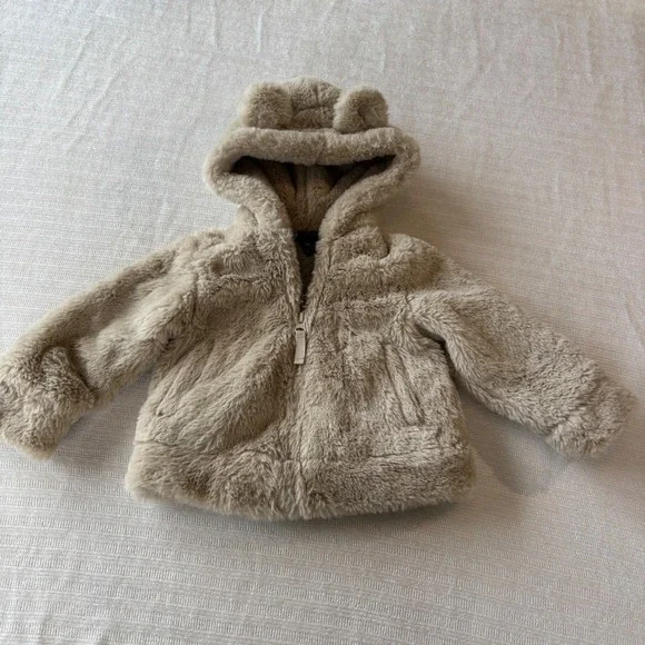 Eddie Bauer Kids Faux Fur Bear Ear Hooded Jacket Tan Beige 12-18M U49OW002
